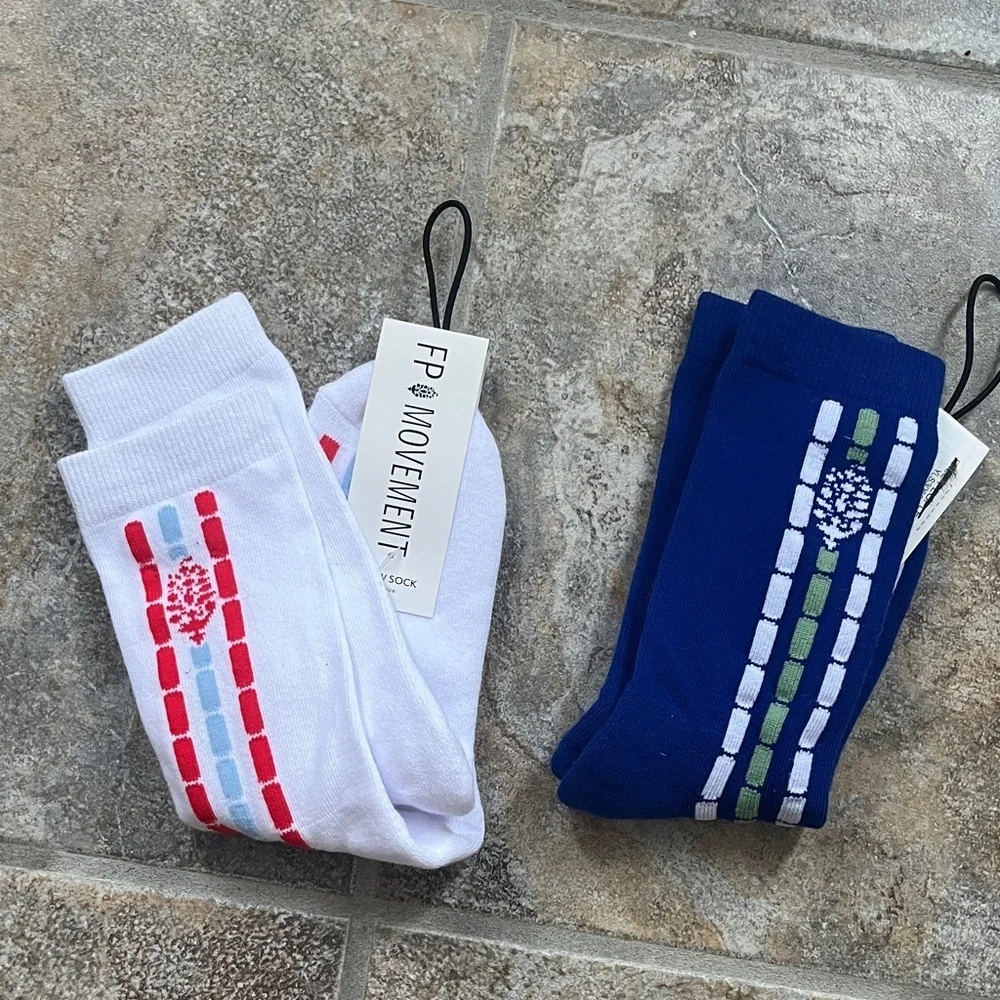 Free People Fast Lane Crew Socks, Bundle of 2 Pairs, White and Blue NWT
